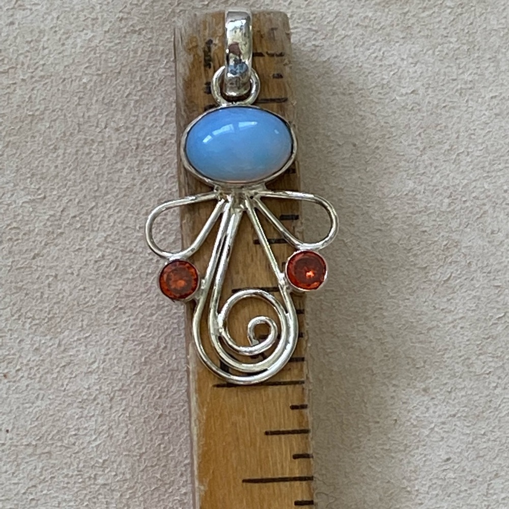 Handcrafted Silver Opaline Cabochon and Faceted Orange Topaz Stone Angel Pendant - Picture 7 of 7
